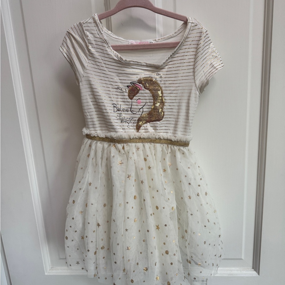 Young Hearts 3T White & Gold Stripe Tutu Unicorn Short Sleeve Girls Magic Dress
